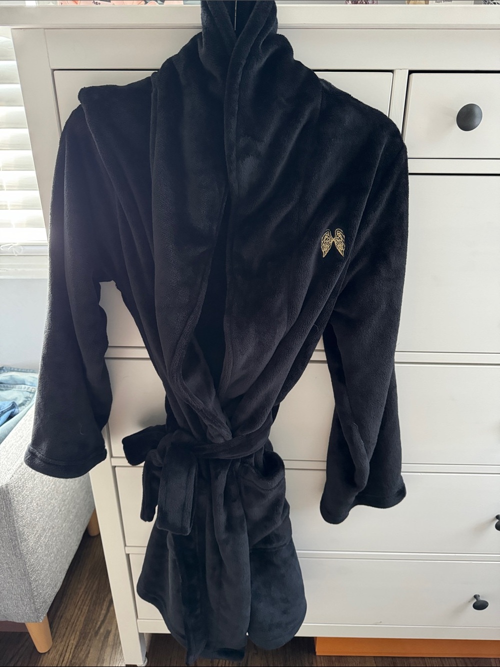 Victoria’s Secret Black Plush Robe with Gold Wing Embroidery.